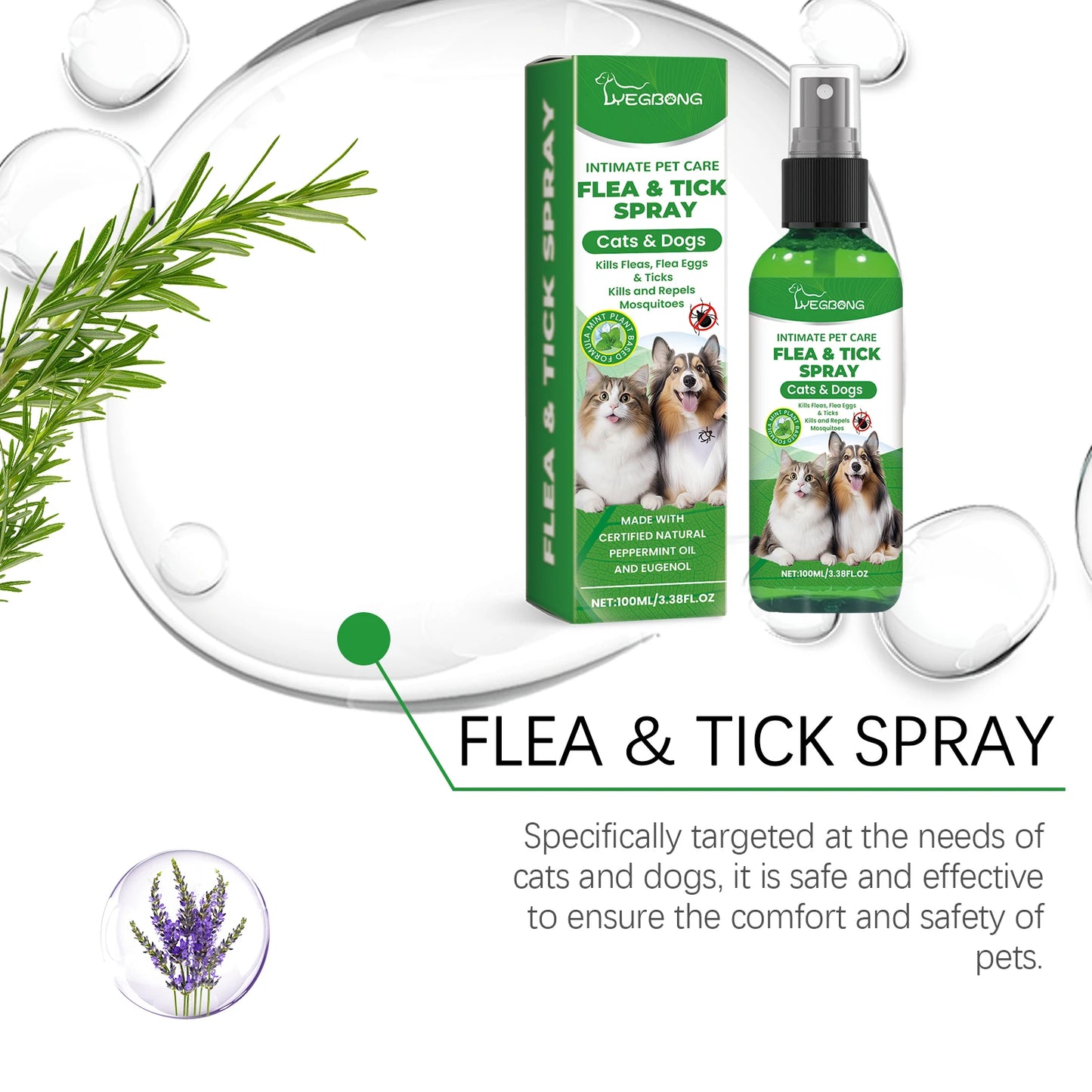 100ml Pet Flea Tick Prevention Spray Hypoallergenic Gentle Coat Skin Care for Dog and Cat with Non Irritating Daily Use