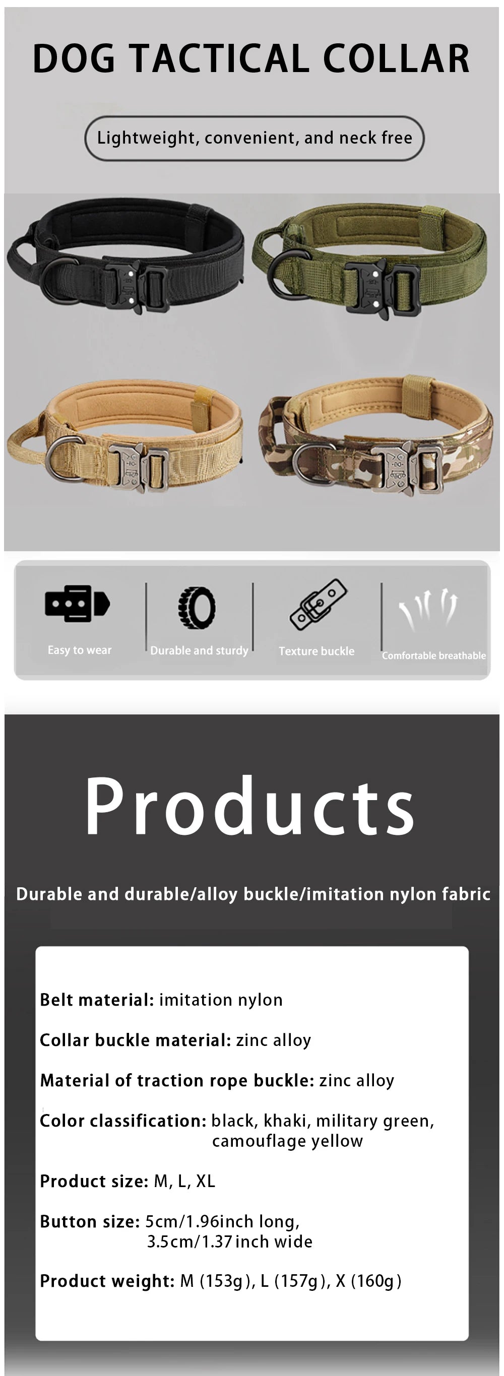 Tactical Dog Collar Metal Buckle Breathability Nylon Collar Medium and Large Dog Training Neck Collar Dog