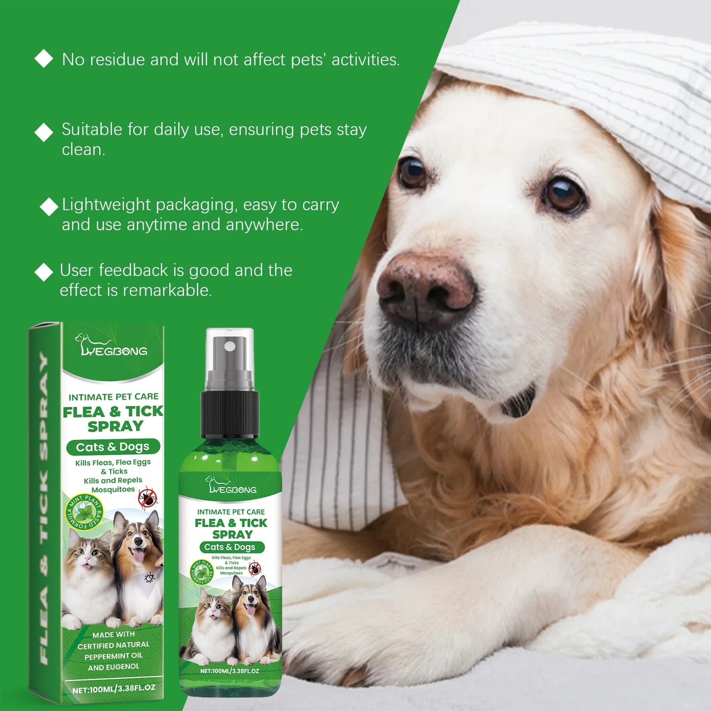 100ml Pet Flea Tick Prevention Spray Hypoallergenic Gentle Coat Skin Care for Dog and Cat with Non Irritating Daily Use