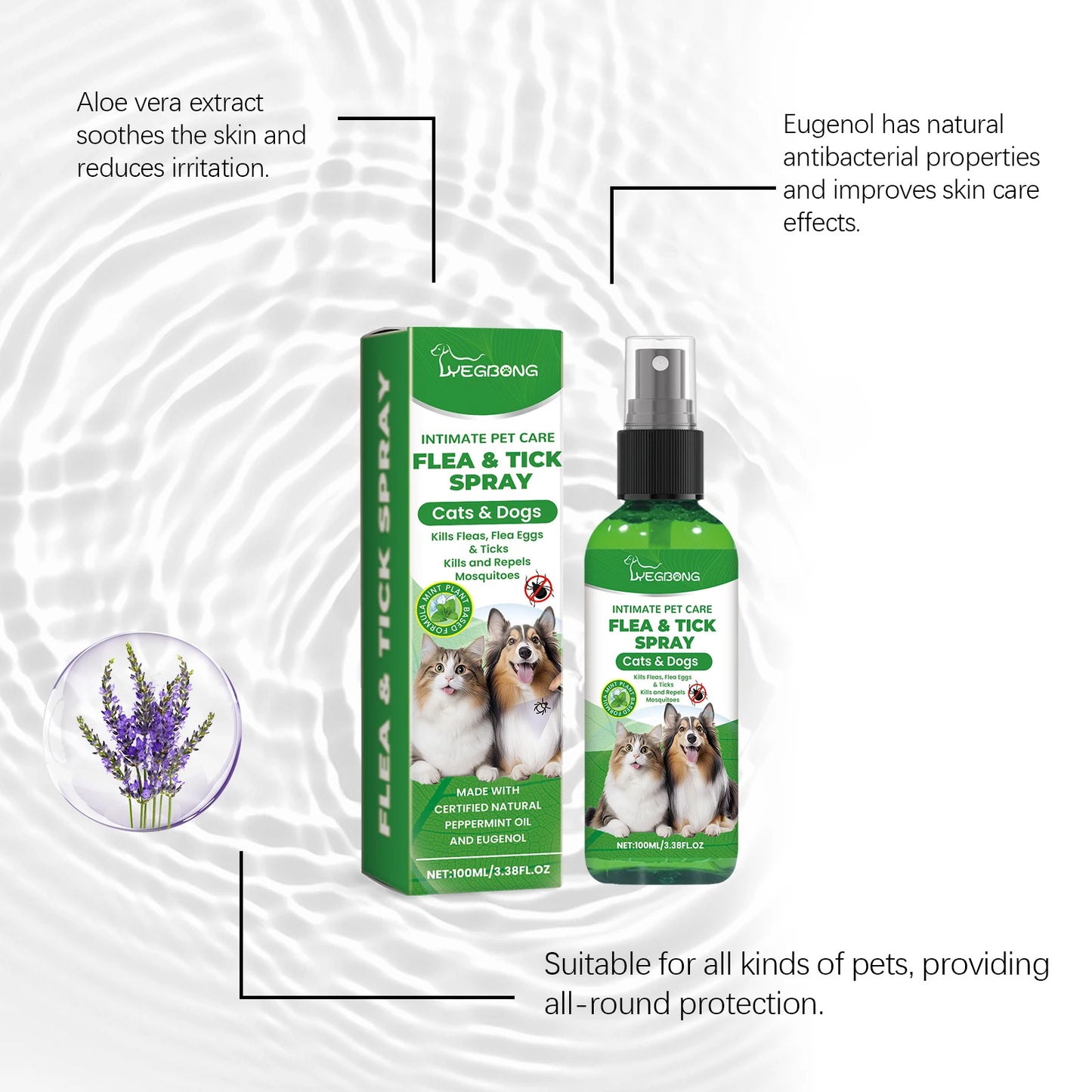 100ml Pet Flea Tick Prevention Spray Hypoallergenic Gentle Coat Skin Care for Dog and Cat with Non Irritating Daily Use